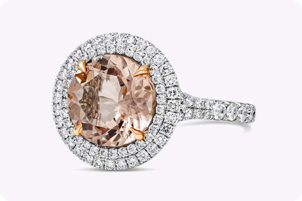 3.01 Carats Round Brilliant Morganite & Diamond Double Halo Pavé Engagement Ring in Platinum