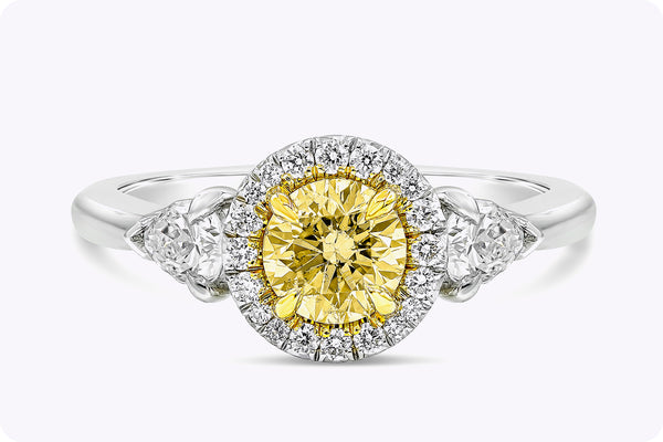 GIA Certified 0.50 Carat Yellowish Diamond Halo Three-Stone Engagement Ring in Platinum