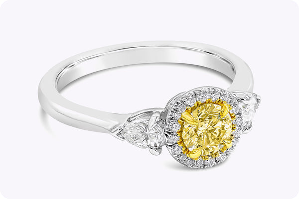 GIA Certified 0.50 Carat Yellowish Diamond Halo Three-Stone Engagement Ring in Platinum