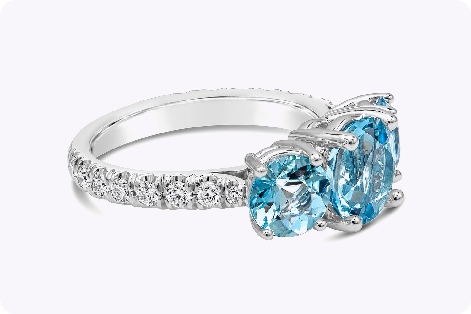 2.94 Carats Total Round Cut Aquamarine Three-Stone Engagement Ring in White Gold