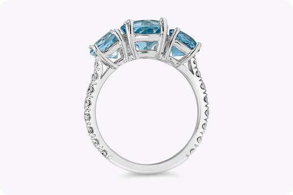 2.94 Carats Total Round Cut Aquamarine Three-Stone Engagement Ring in White Gold