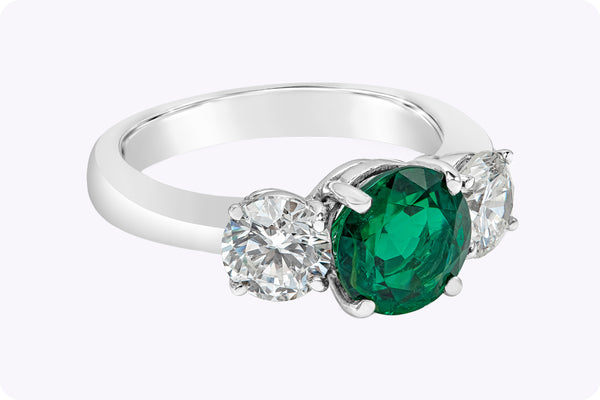 GIA Certified 1.87 Carats Round Cut Emerald & Diamond Three-Stone Engagement Ring in Platinum