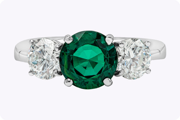 GIA Certified 1.87 Carats Round Cut Emerald & Diamond Three-Stone Engagement Ring in Platinum