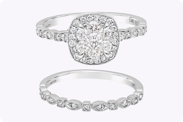 0.68 Carat Total Round Diamond Halo Illusion Engagement & Wedding Ring Set in White Gold