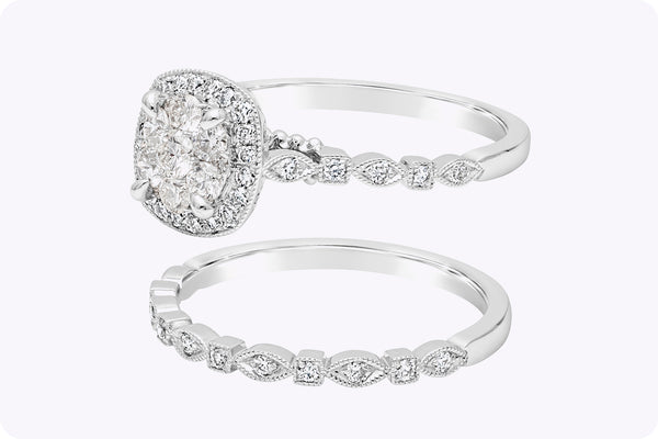 0.68 Carat Total Round Diamond Halo Illusion Engagement & Wedding Ring Set in White Gold