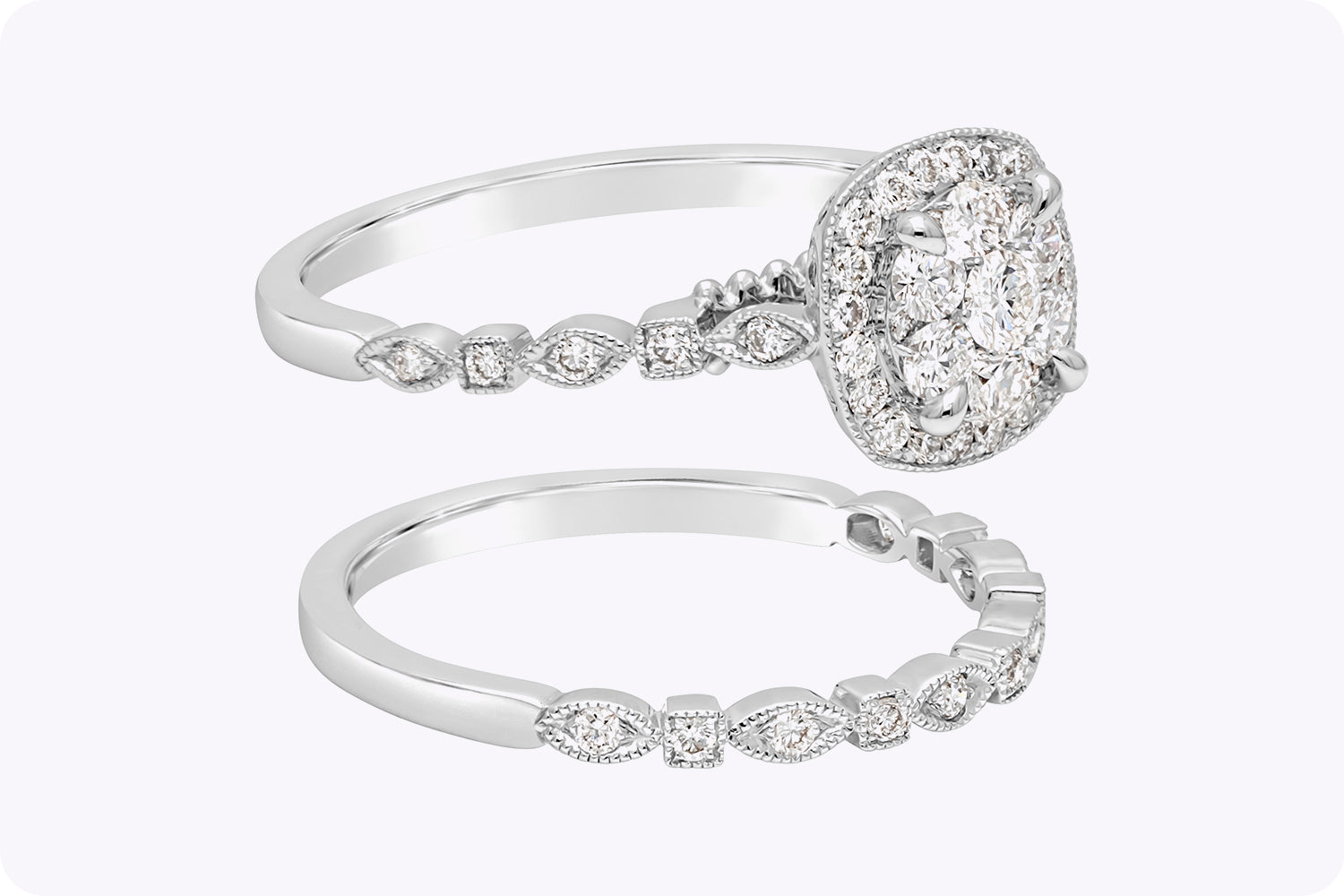 0.68 Carat Total Round Diamond Halo Illusion Engagement & Wedding Ring Set in White Gold