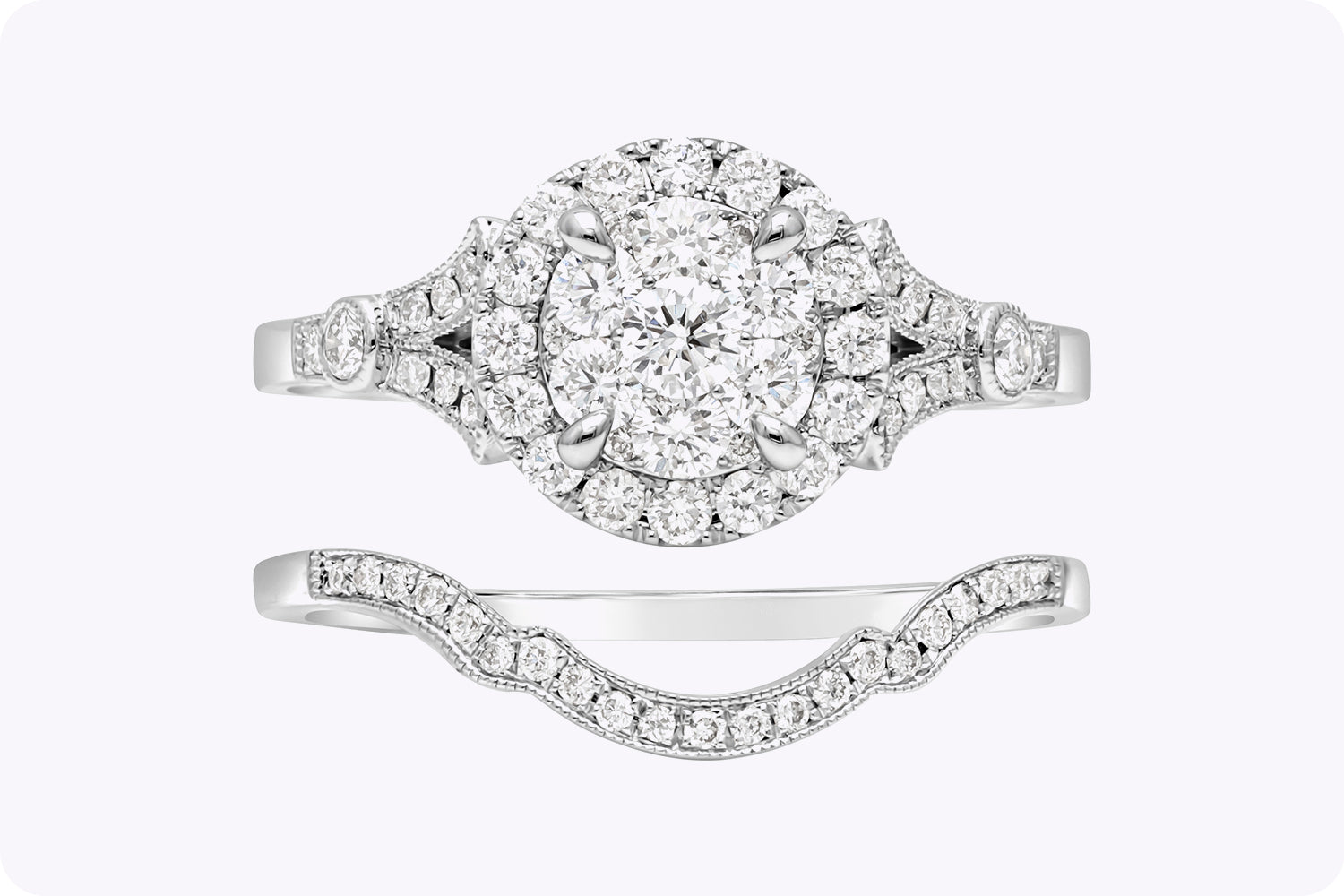 0.72 Carat Total Round Diamond Halo Illusion Engagement & Wedding Ring Set in White Gold