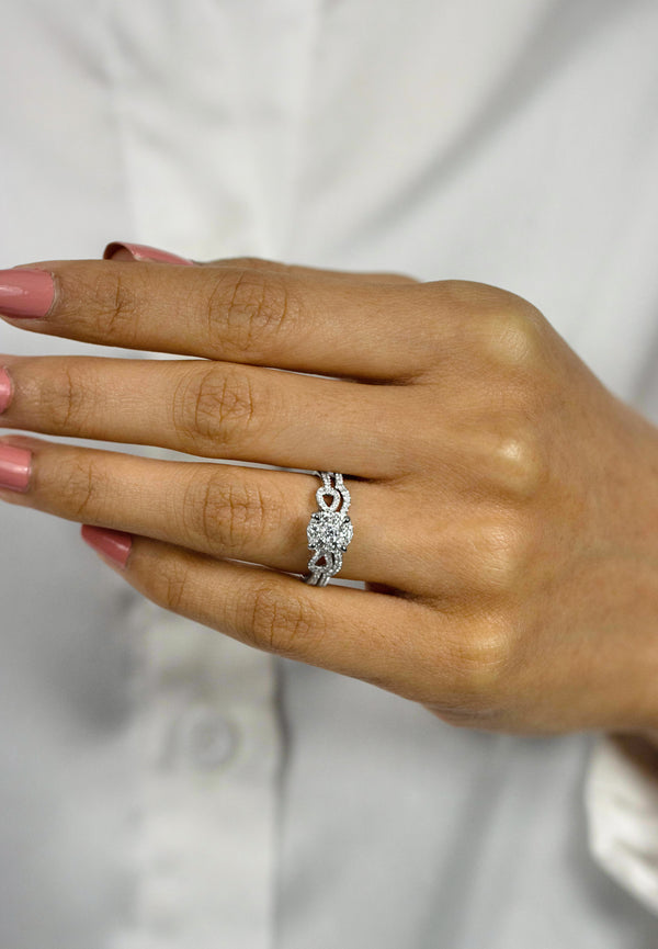 0.68 Carat Total Diamond Cluster Engagement Ring & Wedding Band Set in White Gold