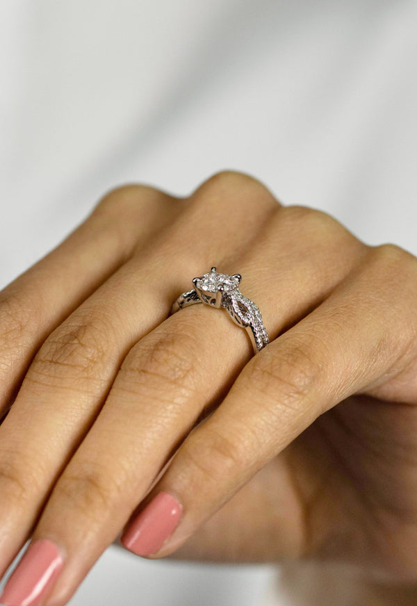 0.68 Carat Total Diamond Cluster Engagement Ring & Wedding Band Set in White Gold