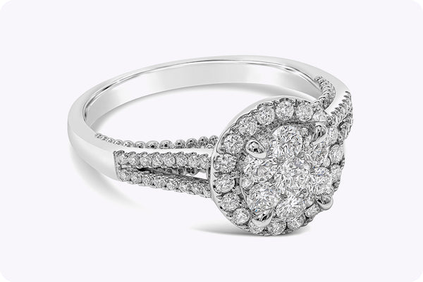 0.82 Carat Round Brilliant Cut Cluster Diamond Engagement Ring in White Gold