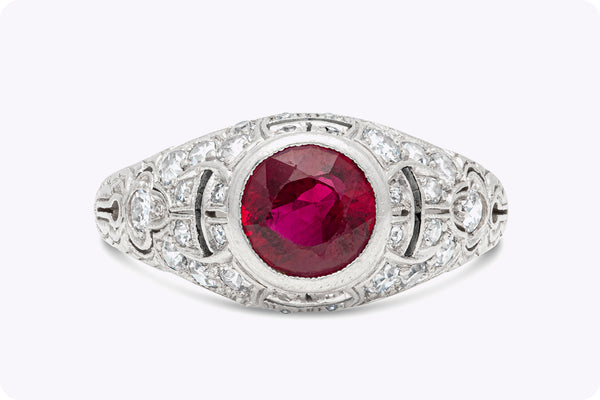 GIA Certified 1.60 Carats Round Cut Ruby & Diamond Antique Engagement Ring in Platinum