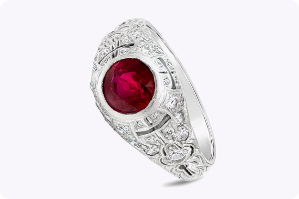 GIA Certified 1.60 Carats Round Cut Ruby & Diamond Antique Engagement Ring in Platinum