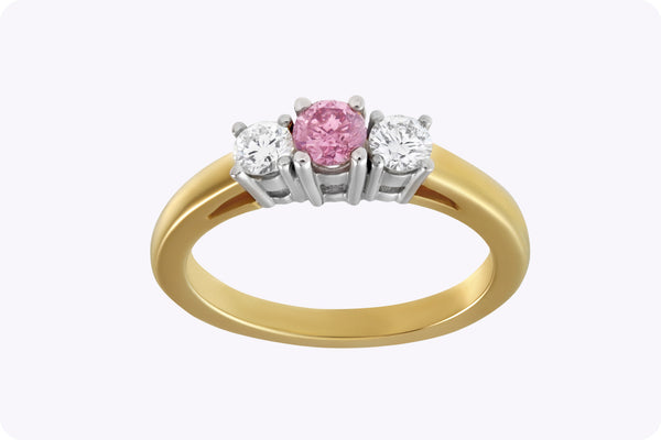 GIA Certified 0.23 Carat Round Cut Argyle Pink Diamond Three-Stone Important Engagement Ring in 18k Two-Tone Gold