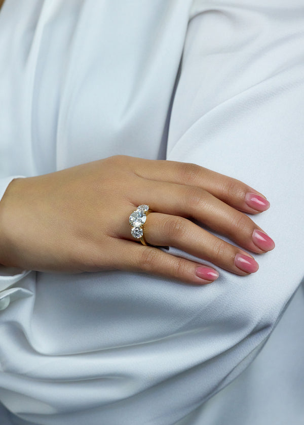 GIA Certified 5.92 Carats Total Round Brilliant Cut Diamond Three-Stone Engagement Ring in Yellow Gold