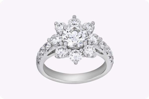 GIA Certified 2.57 Carats Total Round Brilliant Cut Diamond Floral Ring in Platinum