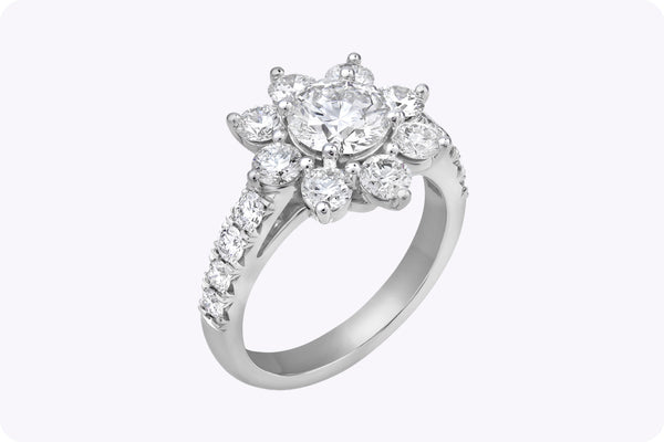 GIA Certified 2.57 Carats Total Round Brilliant Cut Diamond Floral Ring in Platinum