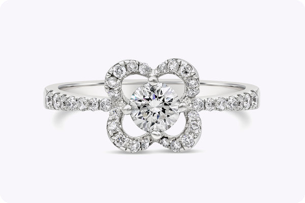 0.57 Carat Total Round Brilliant Diamond Compass Set Floral Halo Engagement Ring in White Gold