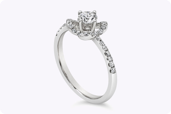 0.57 Carat Total Round Brilliant Diamond Compass Set Floral Halo Engagement Ring in White Gold