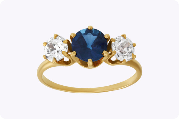 GIA Certified 2.47 Carats Total Round Cut Teal Sapphire and Diamond Three-Stone Antique Engagement Ring in Yellow Gold