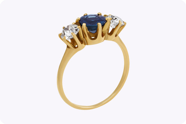 GIA Certified 2.47 Carats Total Round Cut Teal Sapphire and Diamond Three-Stone Antique Engagement Ring in Yellow Gold