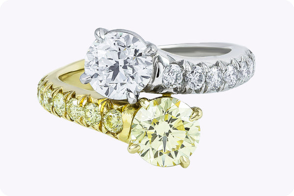 GIA Certified 2.58 Carats Total Round Cut Yellow & White Diamond Bypass Engagement Ring in Yellow Gold & Platinum