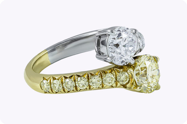 GIA Certified 2.58 Carats Total Round Cut Yellow & White Diamond Bypass Engagement Ring in Yellow Gold & Platinum