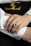 2.13 Carats Round Cut Blue Sapphire and Diamond Double Halo Engagement Ring in White Gold