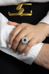 2.13 Carats Round Cut Sapphire & Diamond Double Halo Engagement Ring in White Gold