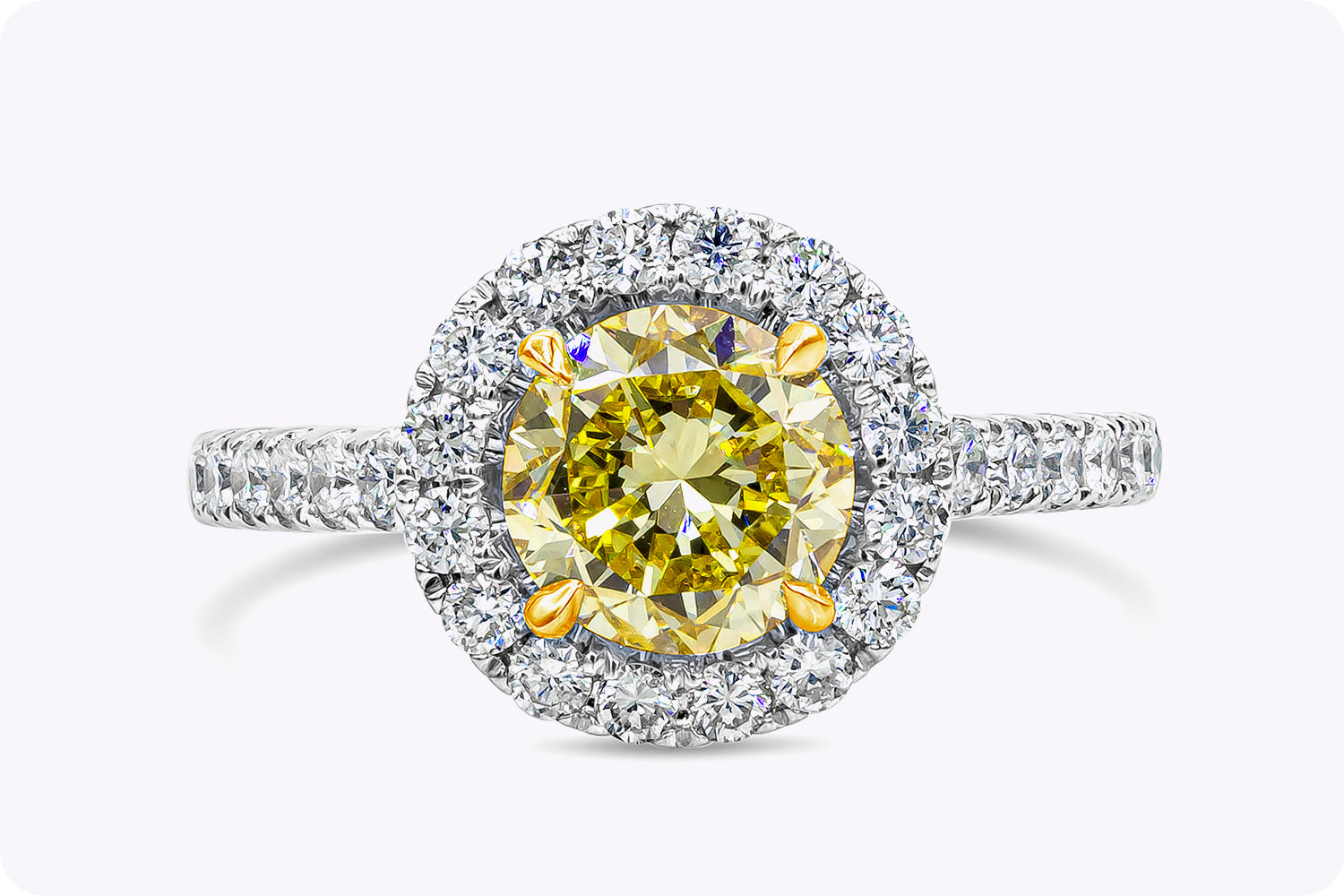 GIA Certified 1.52 Carats Round Yellow Diamond Halo Pavé Engagement Ring in White Gold