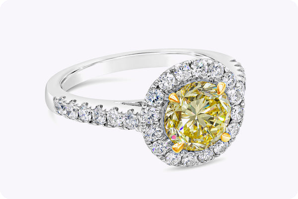 GIA Certified 1.52 Carats Round Yellow Diamond Halo Pavé Engagement Ring in White Gold