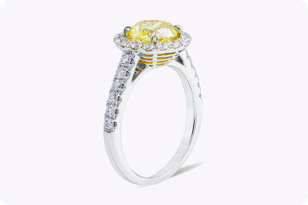 GIA Certified 1.52 Carats Round Yellow Diamond Halo Pavé Engagement Ring in White Gold