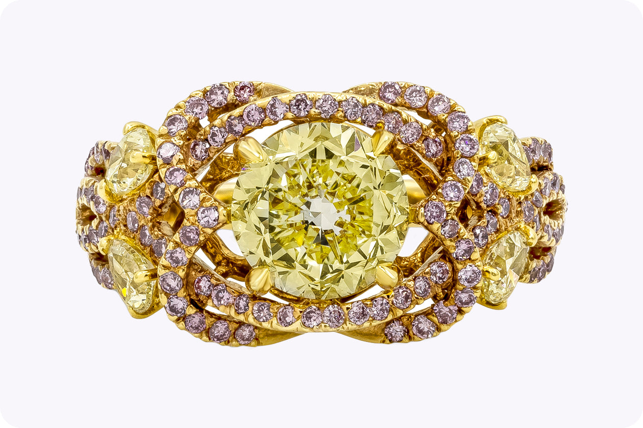 GIA Certified 1.97 Carats Round Brilliant Cut Yellow Diamond Engagement Ring in Yellow Gold