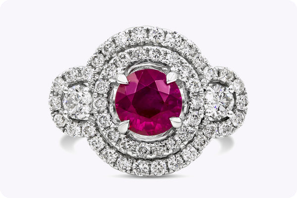 GIA Certified 1.65 Carats Burmese Ruby & Diamond Three-Stone Double Halo Engagement Ring in White Gold