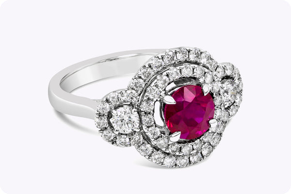 GIA Certified 1.65 Carats Burmese Ruby & Diamond Three-Stone Double Halo Engagement Ring in White Gold