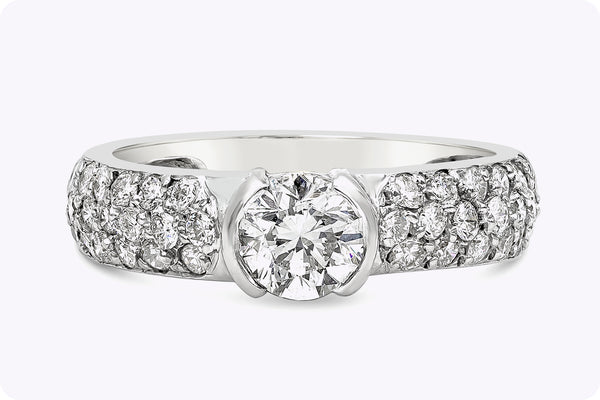 1.57 Carats Total Round Brilliant Cut Diamond Half-Bezel Pavé Engagement Ring in White Gold