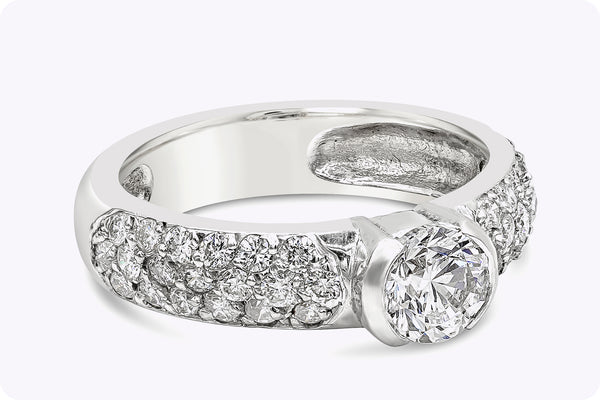 1.57 Carats Total Round Brilliant Cut Diamond Half-Bezel Pavé Engagement Ring in White Gold