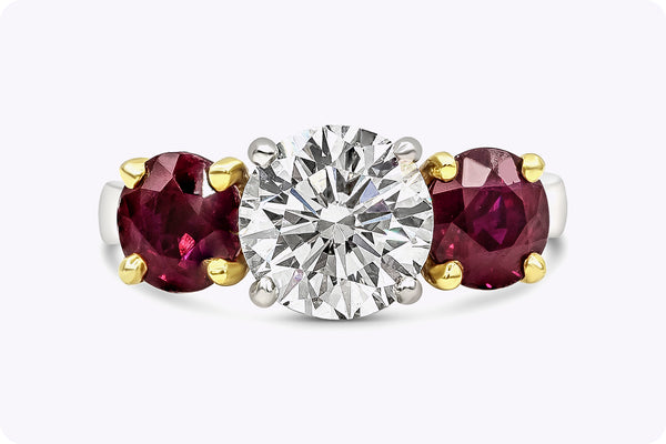 GIA Certified 2.04 Carats Round Diamond & Ruby Three-Stone Engagement Ring in Yellow Gold & Platinum