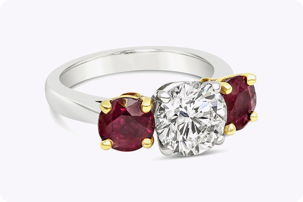 GIA Certified 2.04 Carats Round Diamond & Ruby Three-Stone Engagement Ring in Yellow Gold & Platinum