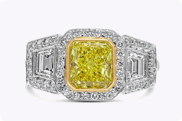 GIA Certified 1.56 Carats Radiant Cut Yellow Diamond Three-Stone Halo Engagement Ring in Yellow Gold and Platinum