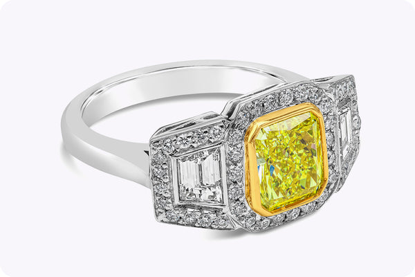 GIA Certified 1.56 Carats Radiant Cut Yellow Diamond Three-Stone Halo Engagement Ring in Yellow Gold and Platinum