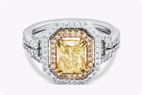 GIA Certified 1.50 Carats Radiant Cut Yellow Diamond Double Halo Engagement Ring in White Gold & Yellow Gold