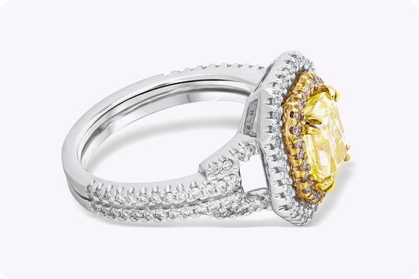 GIA Certified 1.50 Carats Radiant Cut Yellow Diamond Double Halo Engagement Ring in White Gold & Yellow Gold