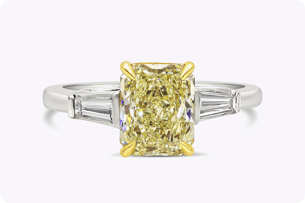 GIA Certified 2.05 Carats Radiant Cut Yellow Diamond Three-Stone Engagement Ring in Platinum