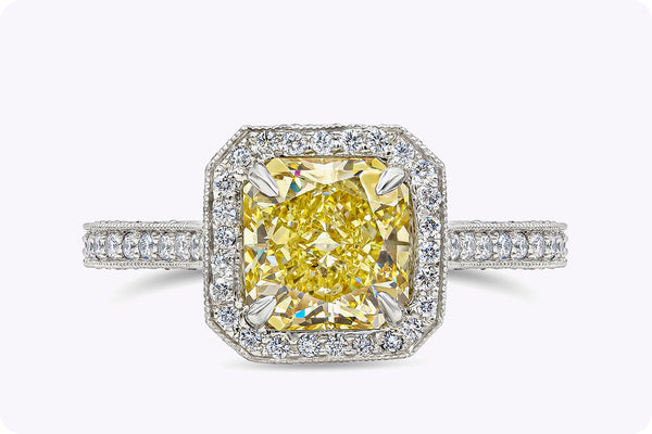 GIA Certified 1.76 Carats Yellow Diamond Halo Vintage Style Engagement Ring in Platinum