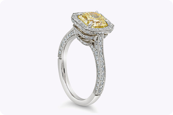 GIA Certified 1.76 Carats Yellow Diamond Halo Vintage Style Engagement Ring in Platinum