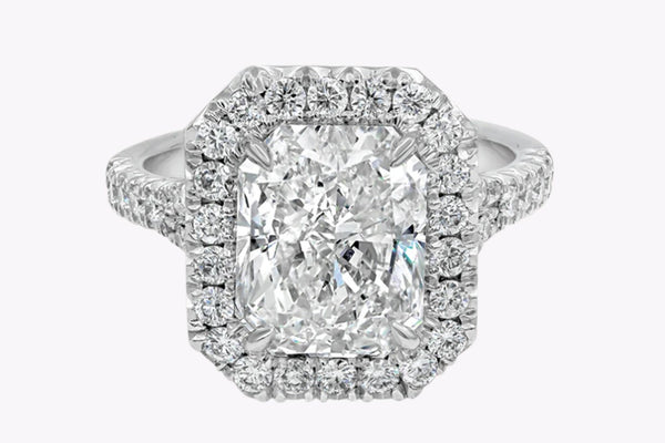 GIA Certified 4.15 Carats Radiant Cut Diamond Halo Engagement Ring in Platinum