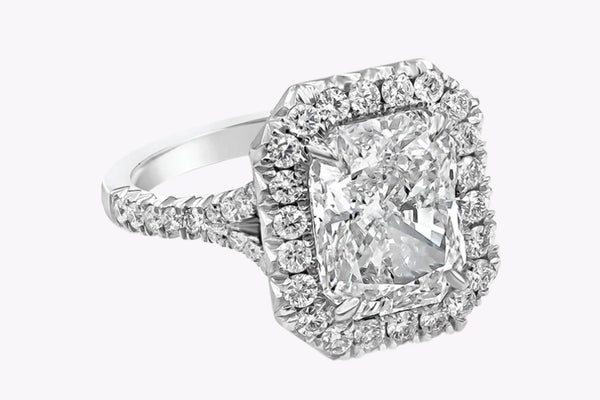 GIA Certified 4.15 Carats Radiant Cut Diamond Halo Engagement Ring in Platinum