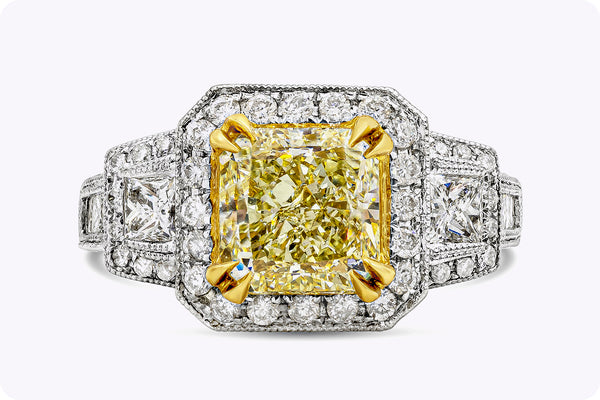 GIA Certified 3.40 Carats Radiant Cut Yellow Diamond Halo Engagement Ring in Yellow & White Gold