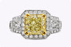 GIA Certified 3.40 Carat Radiant Cut Yellow Diamond Halo Engagement Ring in Yellow & White Gold