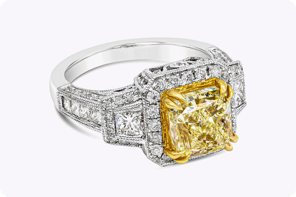 GIA Certified 3.40 Carats Radiant Cut Yellow Diamond Halo Engagement Ring in Yellow & White Gold